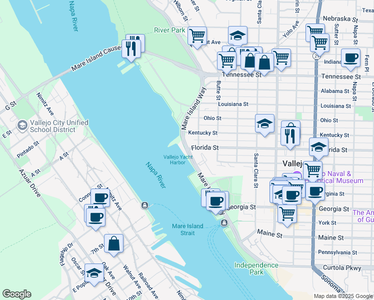 map of restaurants, bars, coffee shops, grocery stores, and more near 24 Florida Street in Vallejo