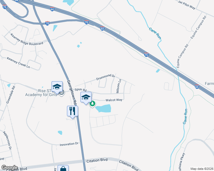 map of restaurants, bars, coffee shops, grocery stores, and more near 2548 Moray Place in Lexington