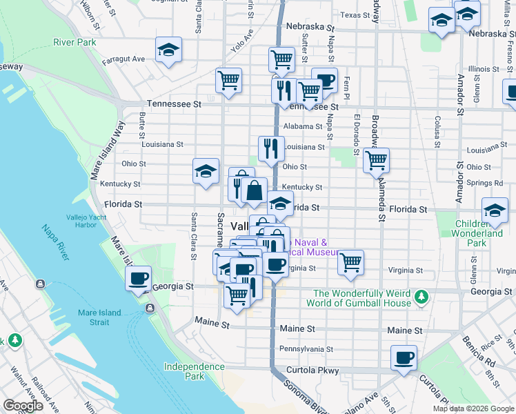 map of restaurants, bars, coffee shops, grocery stores, and more near in Vallejo