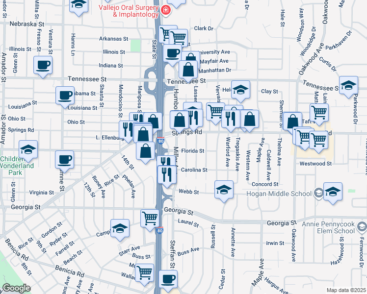 map of restaurants, bars, coffee shops, grocery stores, and more near 605 Grennan Street in Vallejo