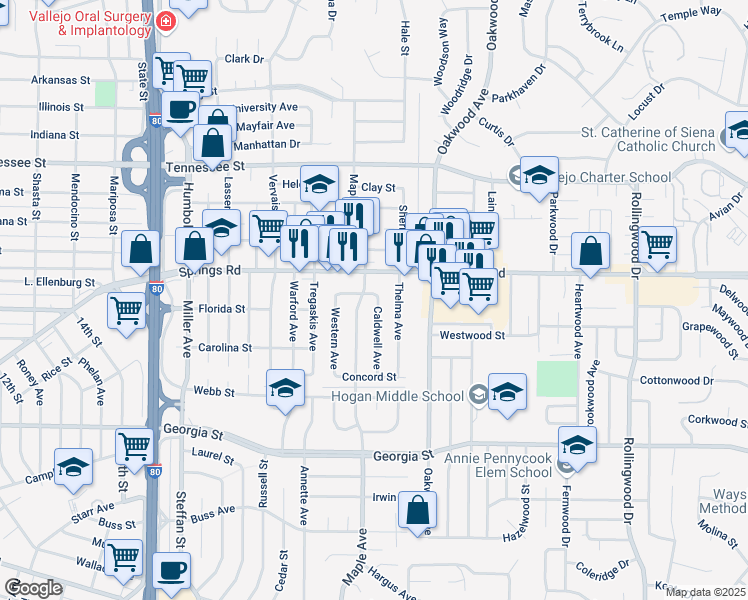 map of restaurants, bars, coffee shops, grocery stores, and more near 205 Haven Court in Vallejo