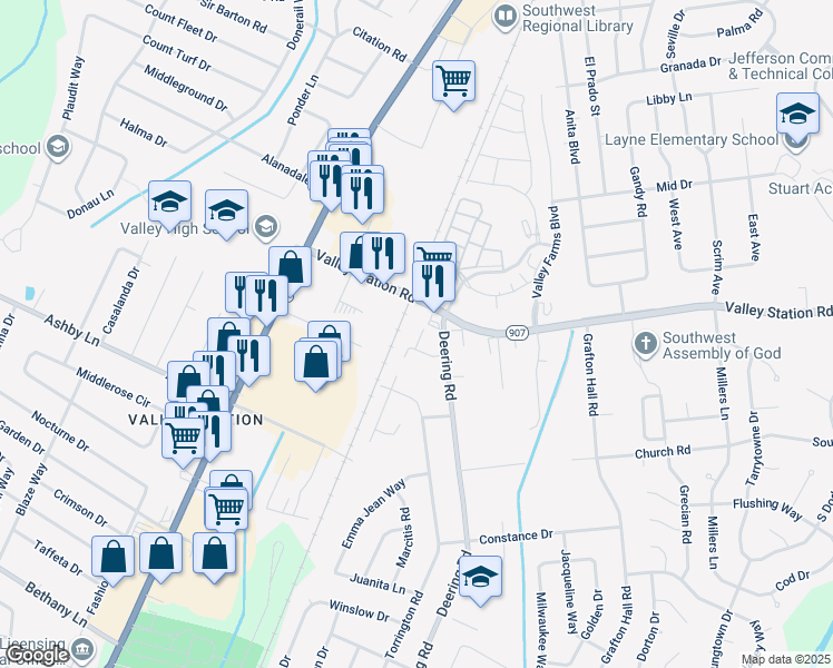 map of restaurants, bars, coffee shops, grocery stores, and more near 101 Chariot Run Drive in Louisville