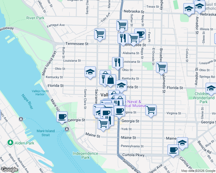 map of restaurants, bars, coffee shops, grocery stores, and more near Florida St & Marin St in Vallejo