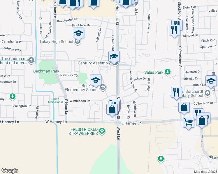 map of restaurants, bars, coffee shops, grocery stores, and more near 601 Wimbledon Drive in Lodi