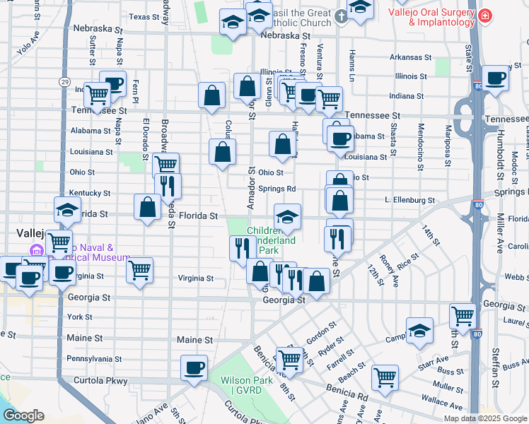 map of restaurants, bars, coffee shops, grocery stores, and more near 1427 Florida Street in Vallejo