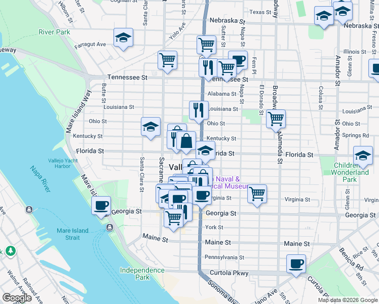 map of restaurants, bars, coffee shops, grocery stores, and more near in Vallejo