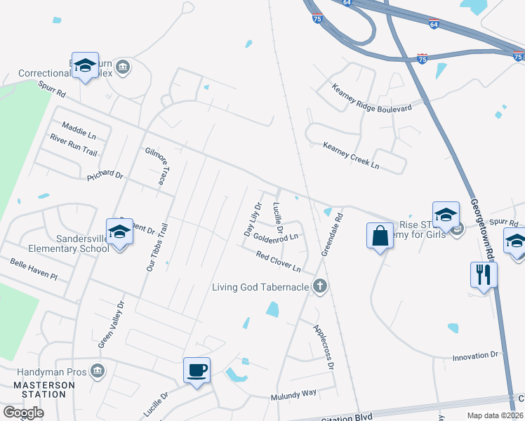 map of restaurants, bars, coffee shops, grocery stores, and more near 1136 Mountain Laurel Way in Lexington