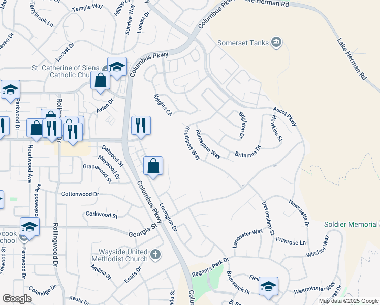 map of restaurants, bars, coffee shops, grocery stores, and more near 445 Southport Way in Vallejo