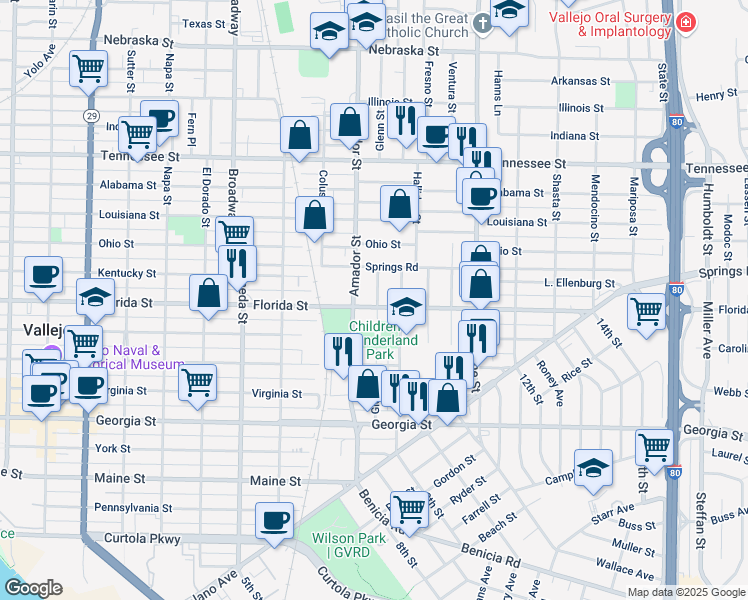 map of restaurants, bars, coffee shops, grocery stores, and more near 1427 Florida Street in Vallejo