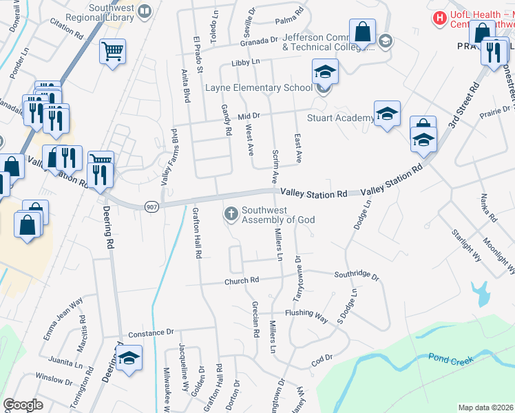 map of restaurants, bars, coffee shops, grocery stores, and more near 4910 Valley Station Road in Louisville