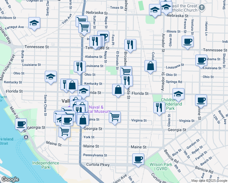 map of restaurants, bars, coffee shops, grocery stores, and more near 938 Florida Street in Vallejo
