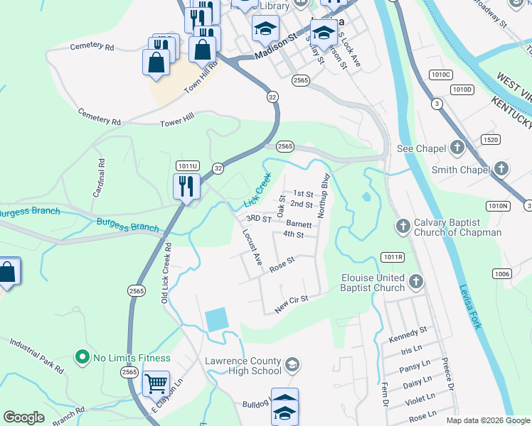 map of restaurants, bars, coffee shops, grocery stores, and more near Salyer Street in Louisa