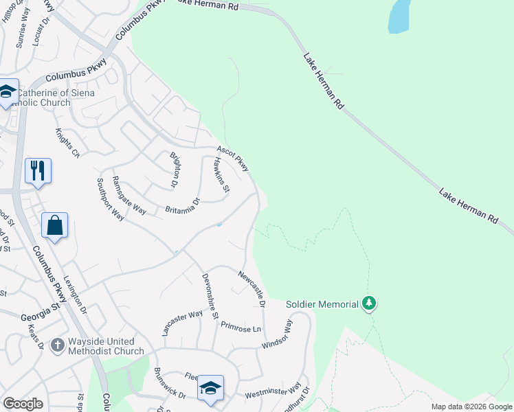 map of restaurants, bars, coffee shops, grocery stores, and more near 2241 Ascot Parkway in Vallejo