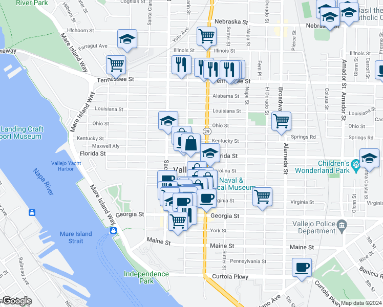 map of restaurants, bars, coffee shops, grocery stores, and more near in Vallejo