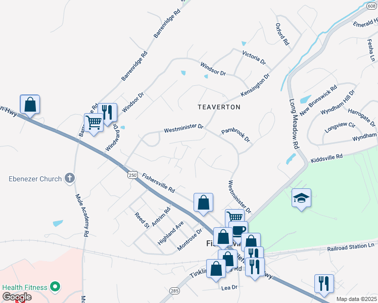 map of restaurants, bars, coffee shops, grocery stores, and more near 9 South Inglewood Place in Fishersville