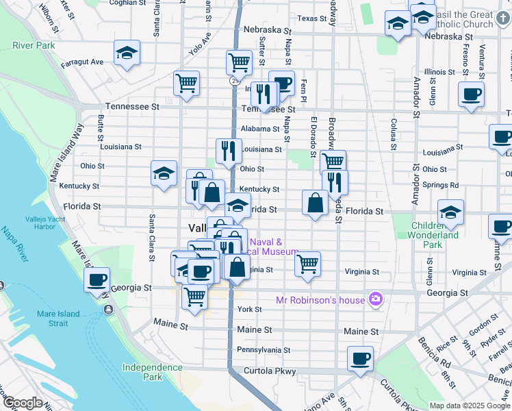 map of restaurants, bars, coffee shops, grocery stores, and more near 746 Florida Street in Vallejo