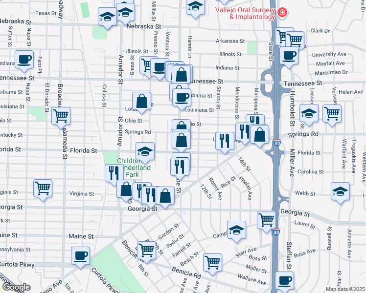 map of restaurants, bars, coffee shops, grocery stores, and more near 522 Tuolumne Street in Vallejo