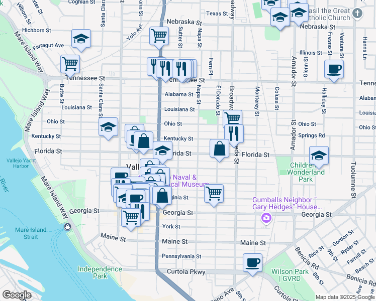 map of restaurants, bars, coffee shops, grocery stores, and more near 820 Florida Street in Vallejo