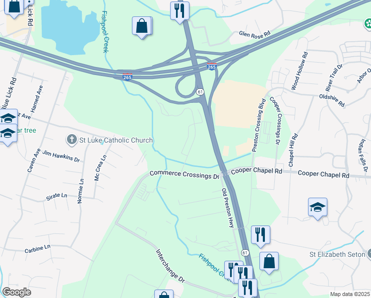 map of restaurants, bars, coffee shops, grocery stores, and more near 9917 Cooper Church Drive in Louisville