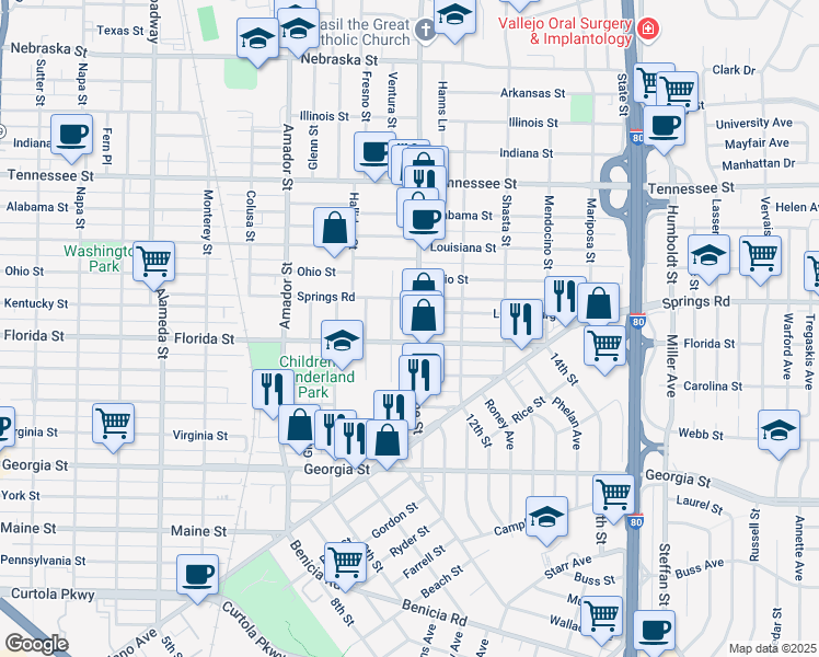 map of restaurants, bars, coffee shops, grocery stores, and more near 522 Tuolumne Street in Vallejo