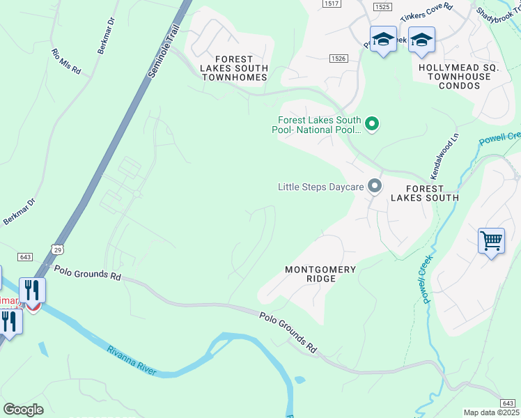 map of restaurants, bars, coffee shops, grocery stores, and more near Marcella Street in Hollymead