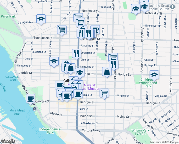 map of restaurants, bars, coffee shops, grocery stores, and more near 809 Kentucky Street in Vallejo