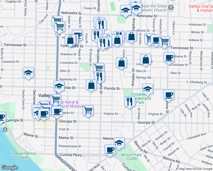 map of restaurants, bars, coffee shops, grocery stores, and more near in Vallejo