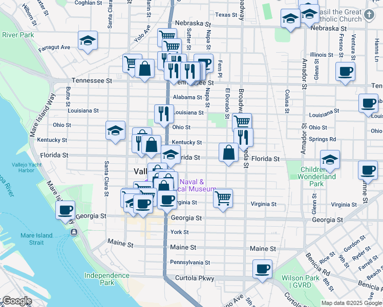map of restaurants, bars, coffee shops, grocery stores, and more near 809 Kentucky Street in Vallejo