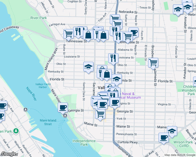 map of restaurants, bars, coffee shops, grocery stores, and more near 519 Kentucky Street in Vallejo