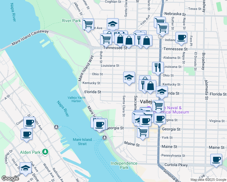 map of restaurants, bars, coffee shops, grocery stores, and more near 241 Kentucky Street in Vallejo