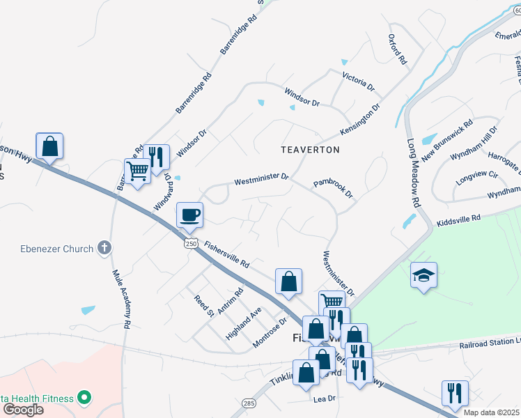 map of restaurants, bars, coffee shops, grocery stores, and more near 3 West Stonington Place in Fishersville