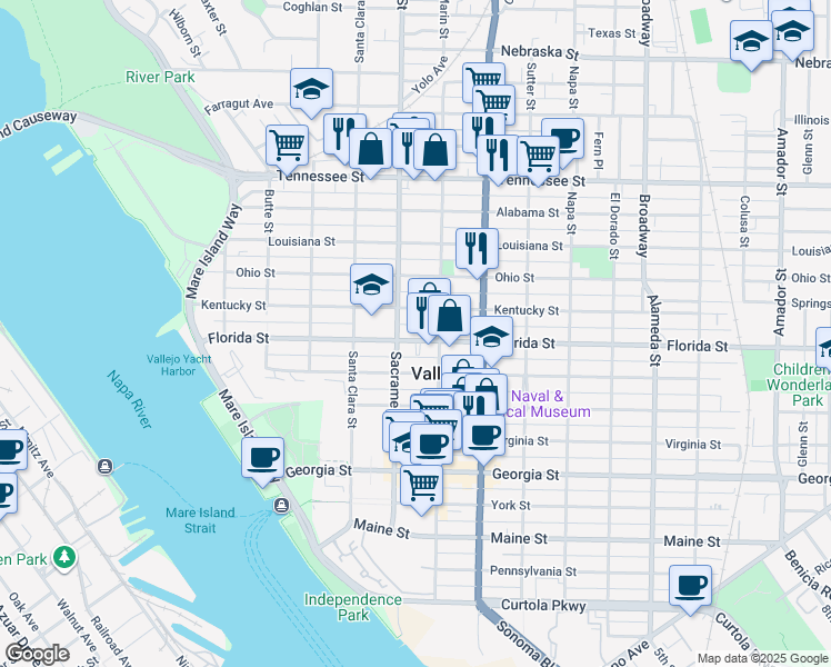 map of restaurants, bars, coffee shops, grocery stores, and more near 518 Florida Street in Vallejo