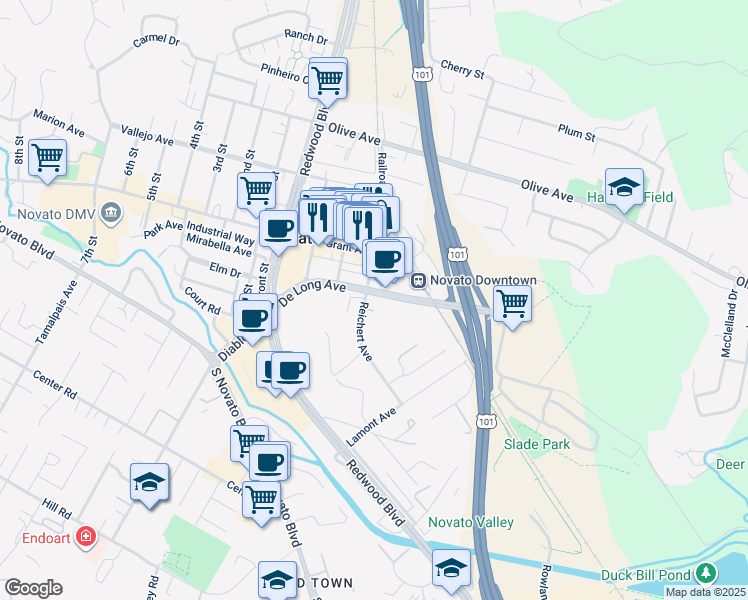 map of restaurants, bars, coffee shops, grocery stores, and more near 901 Reichert Avenue in Novato