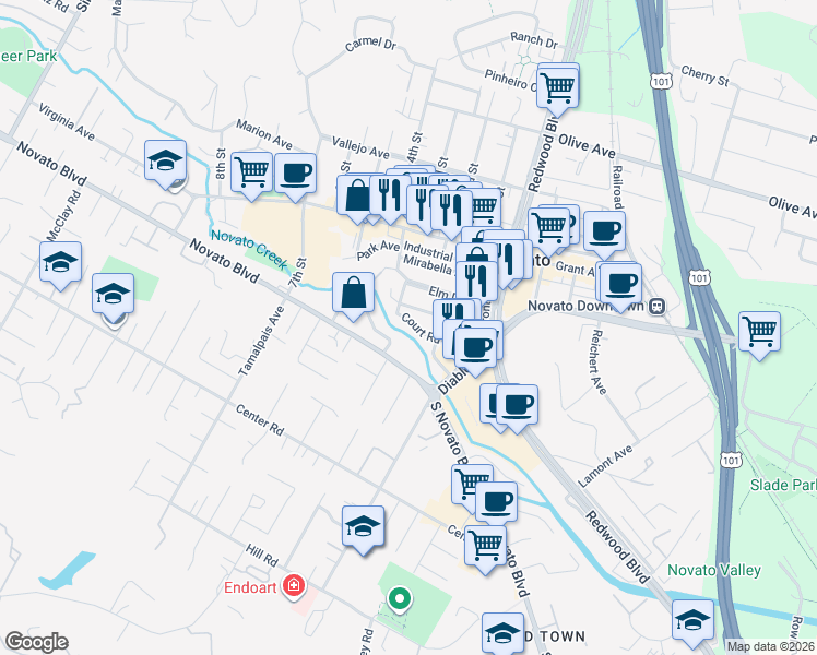 map of restaurants, bars, coffee shops, grocery stores, and more near 1144 East Court in Novato