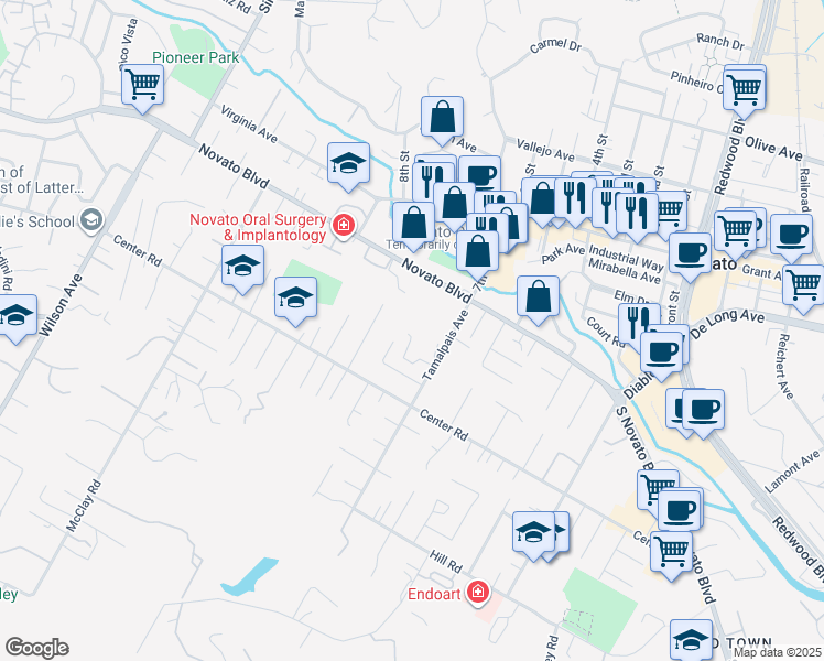 map of restaurants, bars, coffee shops, grocery stores, and more near 853 Tamalpais Avenue in Novato