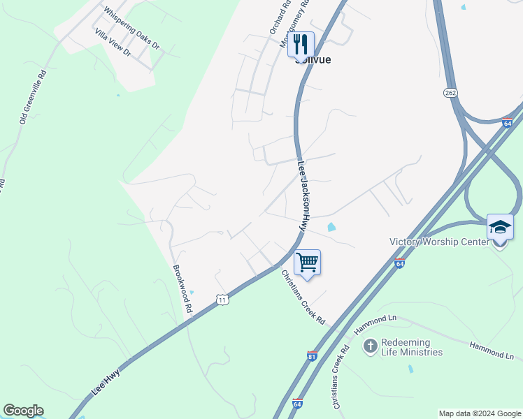 map of restaurants, bars, coffee shops, grocery stores, and more near 85 Hilltop Terrace Road in Staunton