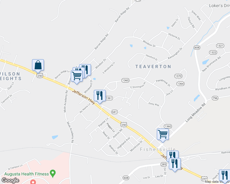 map of restaurants, bars, coffee shops, grocery stores, and more near 33 Surry Lane in Fishersville