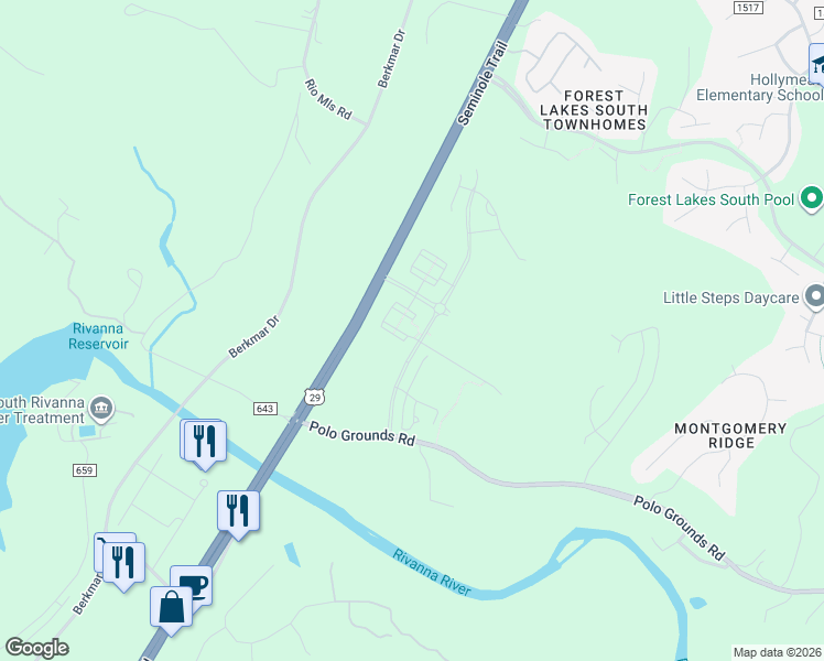 map of restaurants, bars, coffee shops, grocery stores, and more near 485 Crafton Circle in Charlottesville