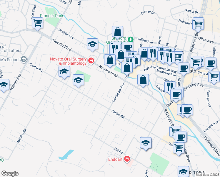 map of restaurants, bars, coffee shops, grocery stores, and more near 853 Tamalpais Avenue in Novato