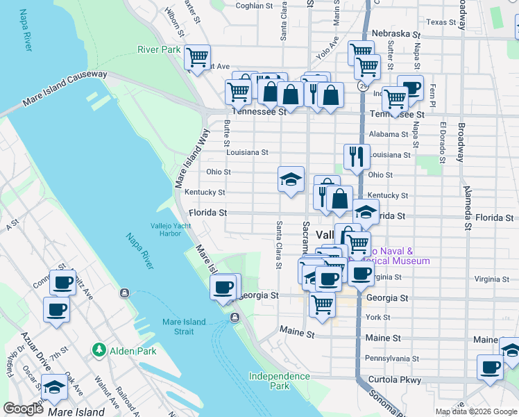 map of restaurants, bars, coffee shops, grocery stores, and more near 329 Kentucky Street in Vallejo