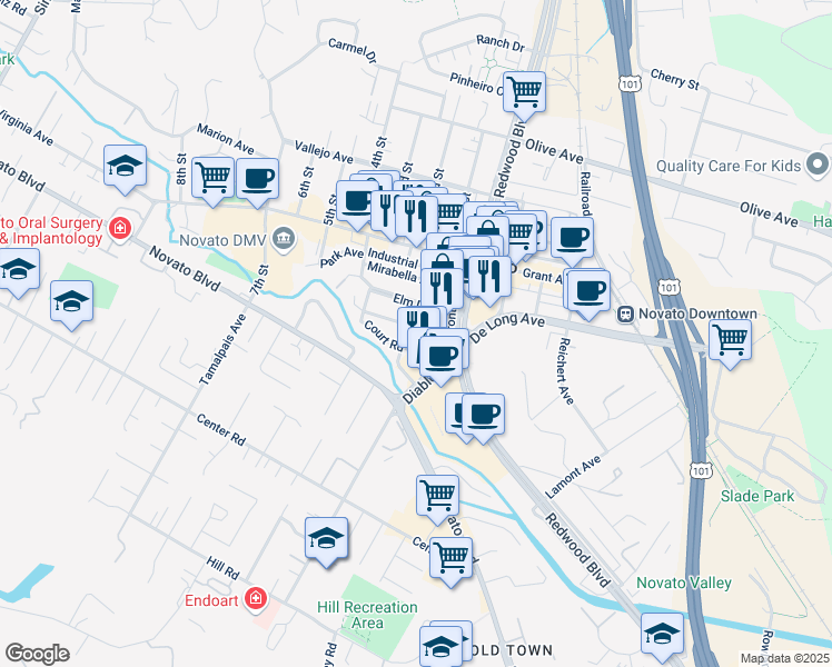 map of restaurants, bars, coffee shops, grocery stores, and more near 1107 Elm Drive in Novato