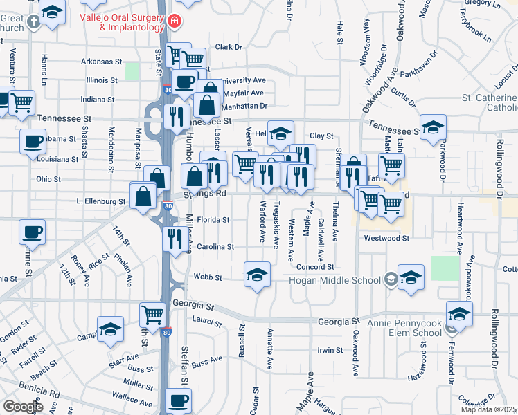 map of restaurants, bars, coffee shops, grocery stores, and more near 627 Warford Avenue in Vallejo