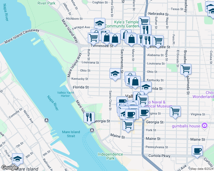 map of restaurants, bars, coffee shops, grocery stores, and more near 329 Kentucky Street in Vallejo