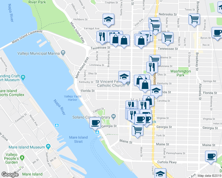 map of restaurants, bars, coffee shops, grocery stores, and more near 329 Kentucky Street in Vallejo
