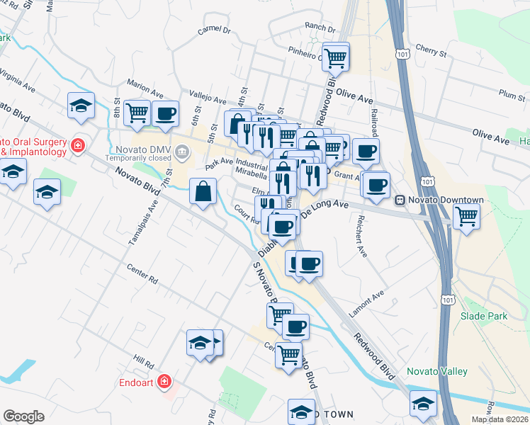 map of restaurants, bars, coffee shops, grocery stores, and more near 1107 Elm Drive in Novato