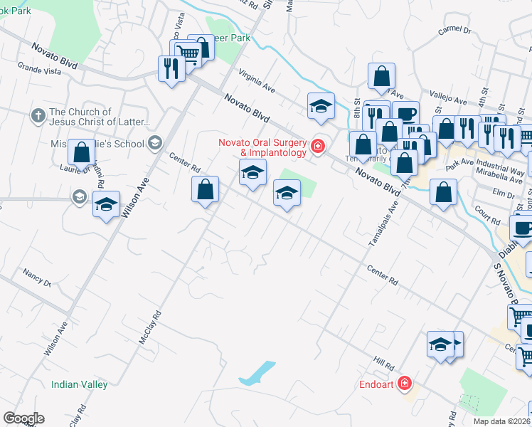 map of restaurants, bars, coffee shops, grocery stores, and more near 2 Meyers Court in Novato