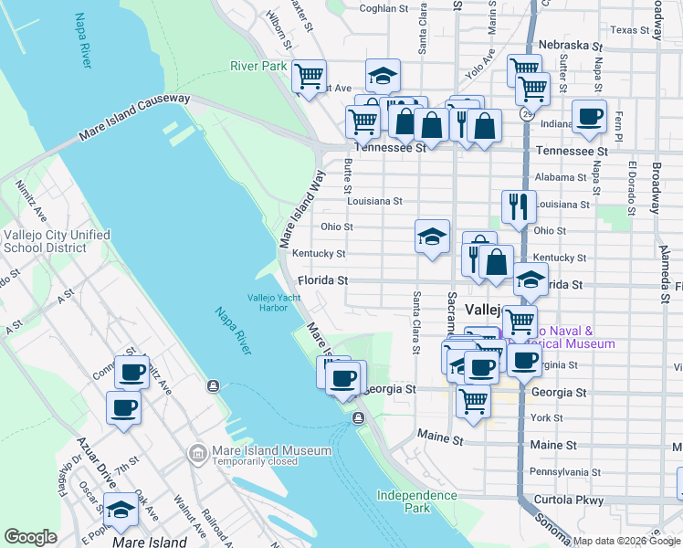 map of restaurants, bars, coffee shops, grocery stores, and more near 145 Kentucky Street in Vallejo