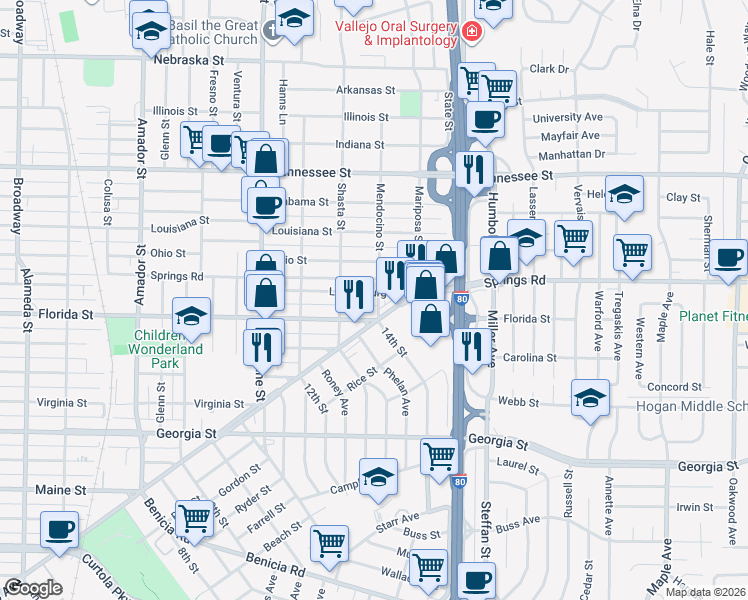 map of restaurants, bars, coffee shops, grocery stores, and more near 131 Mendocino Street in Vallejo