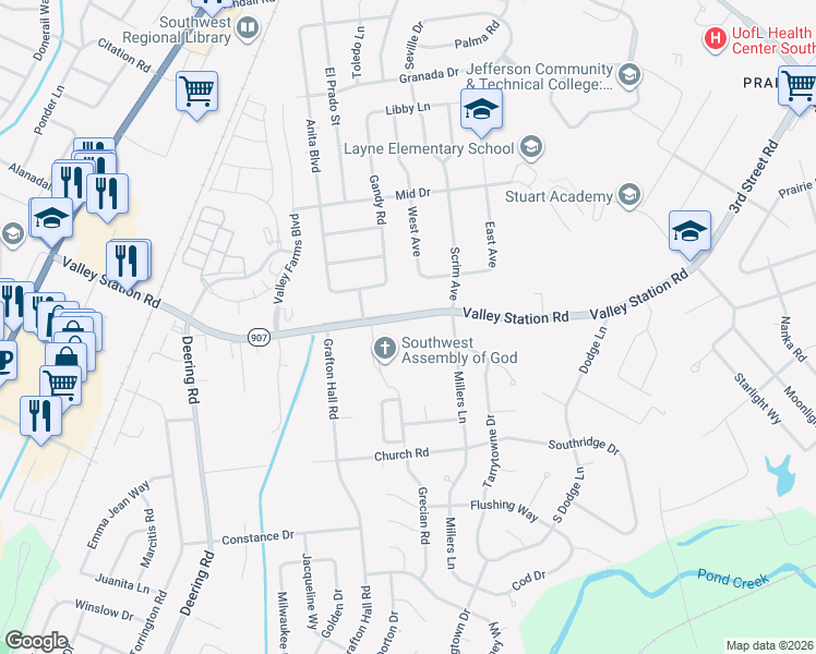 map of restaurants, bars, coffee shops, grocery stores, and more near 4910 Valley Station Road in Louisville