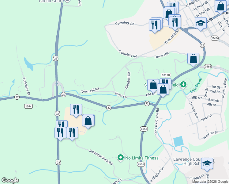 map of restaurants, bars, coffee shops, grocery stores, and more near 395 Highway 32 in Louisa
